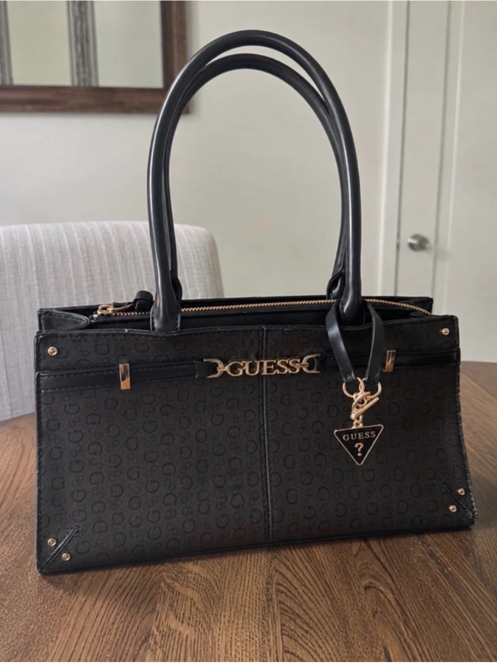 Guess Black Logo-Print Satchel with Gold Hardware